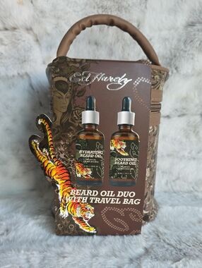 Ed Hardy Beard Oil Set with Brown & Orange Tiger Artwork